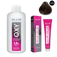 Набор "Перманентная крем-краска для волос Ollin Color оттенок 5/0 светлый шатен 100 мл + Окисляющая эмульсия Oxy 1,5% 150 мл"