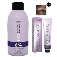 Набор "Перманентная крем-краска для волос Ollin Performance оттенок 7/34 русый золотисто-медный 60 мл + Окисляющая эмульсия Oxy 6% 90 мл"