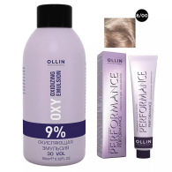 Набор "Перманентная крем-краска для волос Ollin Performance оттенок 8/00 светло-русый глубокий 60 мл + Окисляющая эмульсия Oxy 9% 90 мл"