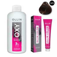 Набор "Перманентная крем-краска для волос Ollin Color оттенок 5/0 светлый шатен 100 мл + Окисляющая эмульсия Oxy 3% 150 мл"