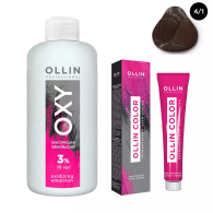 Набор "Перманентная крем-краска для волос Ollin Color оттенок 4/1 шатен пепельный 100 мл + Окисляющая эмульсия Oxy 3% 150 мл"