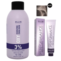Набор "Перманентная крем-краска для волос Ollin Performance оттенок 8/21 светло-русый фиолетово-пепельный 60 мл + Окисляющая эмульсия Oxy 3% 90 мл"