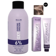 Набор "Перманентная крем-краска для волос Ollin Performance оттенок 8/7 светло-русый коричневый 60 мл + Окисляющая эмульсия Oxy 6% 90 мл"