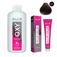 Набор "Перманентная крем-краска для волос Ollin Color оттенок 5/1 светлый шатен пепельный 100 мл + Окисляющая эмульсия Oxy 3% 150 мл"
