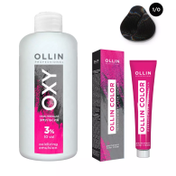 Набор "Перманентная крем-краска для волос Ollin Color оттенок 1/0 иссиня-черный 100 мл + Окисляющая эмульсия Oxy 3% 150 мл"