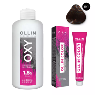Набор "Перманентная крем-краска для волос Ollin Color оттенок 5/1 светлый шатен пепельный 100 мл + Окисляющая эмульсия Oxy 1,5% 150 мл"