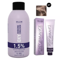 Набор "Перманентная крем-краска для волос Ollin Performance оттенок 8/7 светло-русый коричневый 60 мл + Окисляющая эмульсия Oxy 1,5% 90 мл"