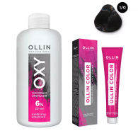 Набор "Перманентная крем-краска для волос Ollin Color оттенок 1/0 иссиня-черный 100 мл + Окисляющая эмульсия Oxy 6% 150 мл"