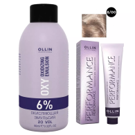 Набор "Перманентная крем-краска для волос Ollin Performance оттенок 8/00 светло-русый глубокий 60 мл + Окисляющая эмульсия Oxy 6% 90 мл"