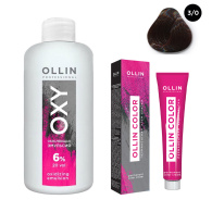 Набор "Перманентная крем-краска для волос Ollin Color оттенок 3/0 темный шатен 100 мл + Окисляющая эмульсия Oxy 6% 150 мл"