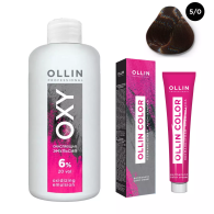 Набор "Перманентная крем-краска для волос Ollin Color оттенок 5/0 светлый шатен 100 мл + Окисляющая эмульсия Oxy 6% 150 мл"