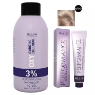 Набор "Перманентная крем-краска для волос Ollin Performance оттенок 8/00 светло-русый глубокий 60 мл + Окисляющая эмульсия Oxy 3% 90 мл"