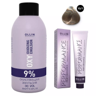 Набор "Перманентная крем-краска для волос Ollin Performance оттенок 10/1 светлый блондин пепельный 60 мл + Окисляющая эмульсия Oxy 9% 90 мл"