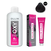 Набор "Перманентная крем-краска для волос Ollin Color оттенок 2/0 черный 100 мл + Окисляющая эмульсия Oxy 6% 150 мл"