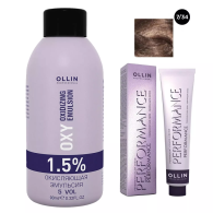 Набор "Перманентная крем-краска для волос Ollin Performance оттенок 7/34 русый золотисто-медный 60 мл + Окисляющая эмульсия Oxy 1,5% 90 мл"