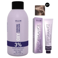 Набор "Перманентная крем-краска для волос Ollin Performance оттенок 8/7 светло-русый коричневый 60 мл + Окисляющая эмульсия Oxy 3% 90 мл"