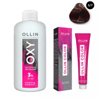 Набор "Перманентная крем-краска для волос Ollin Color оттенок 5/7 светлый шатен коричневый 100 мл + Окисляющая эмульсия Oxy 3% 150 мл"