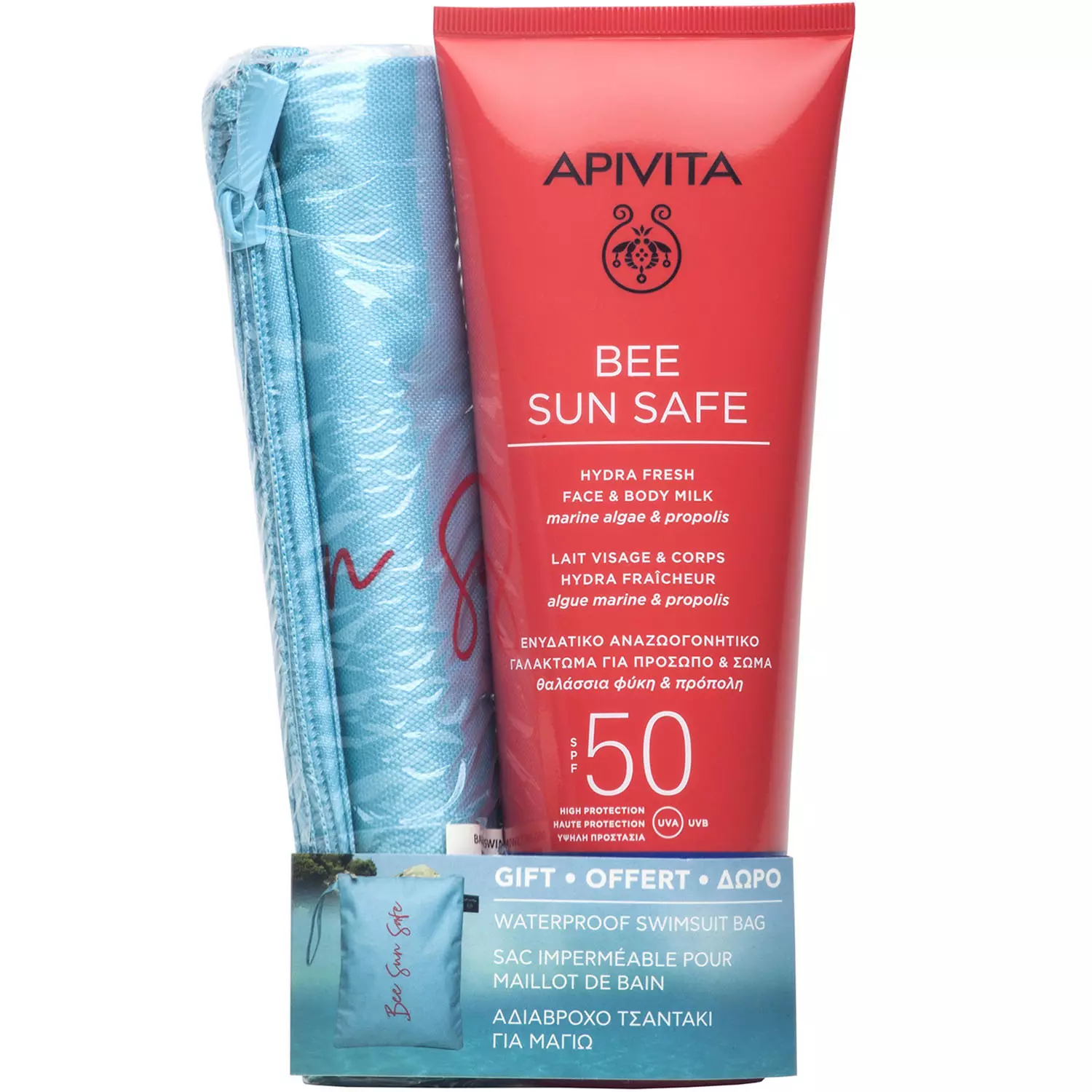 Набор: Солнцезащитное свежее увлажняющее молочко для лица и тела SPF 50, 200 мл + мешочек для купальника