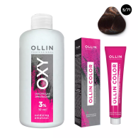 Набор "Перманентная крем-краска для волос Ollin Color оттенок 5/71 светлый шатен коричнево-пепельный 100 мл + Окисляющая эмульсия Oxy 3% 150 мл"