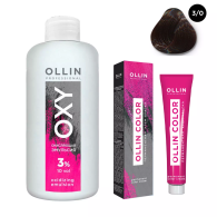 Набор "Перманентная крем-краска для волос Ollin Color оттенок 3/0 темный шатен 100 мл + Окисляющая эмульсия Oxy 3% 150 мл"