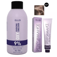 Набор "Перманентная крем-краска для волос Ollin Performance оттенок 8/7 светло-русый коричневый 60 мл + Окисляющая эмульсия Oxy 9% 90 мл"