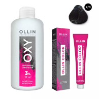 Набор "Перманентная крем-краска для волос Ollin Color оттенок 2/0 черный 100 мл + Окисляющая эмульсия Oxy 3% 150 мл"